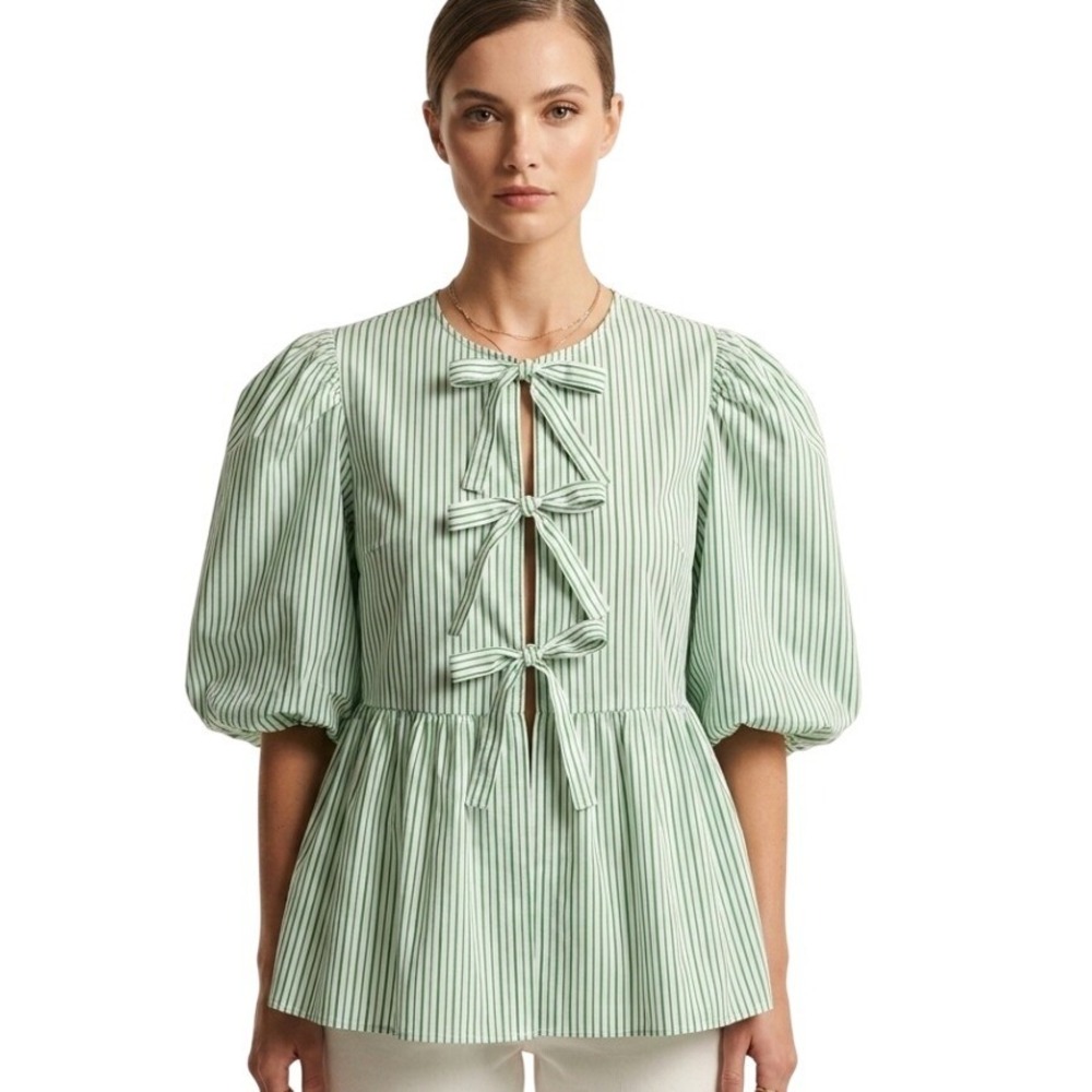 SundayUp Blouse Women's L Green Stripe‎ Tie Front Balloon Sleeve Peplum Top Boho